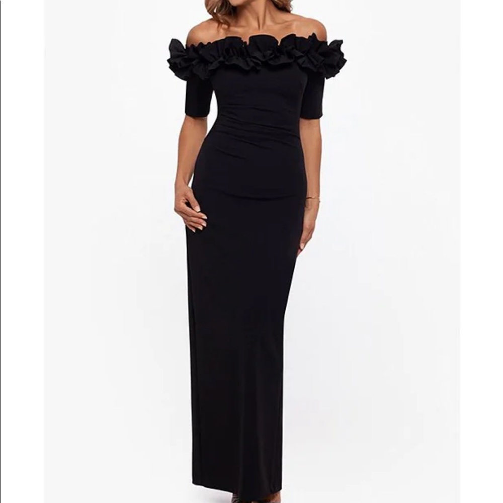 NWT Dillard’s Xscape Ruffle Off-the-Shoulder Elbow Sleeve Back Slit Ruched Gown